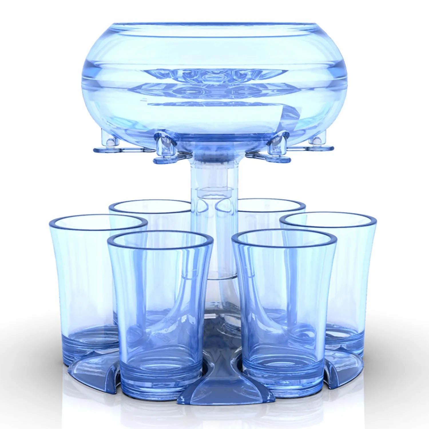 Clear PMMA 6-shot glass dispenser rack holding six shot glasses, a bar accessory for parties.