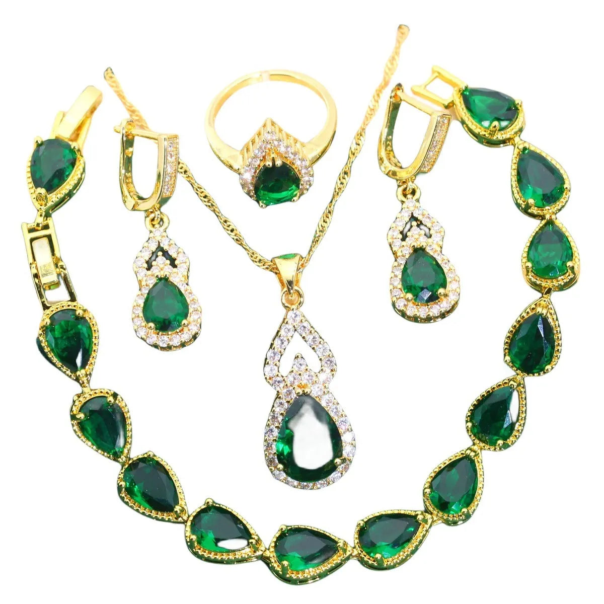 Retro bridal jewellery set copper inlaid zircon cross crown motifs earrings ring necklace bracelet green red