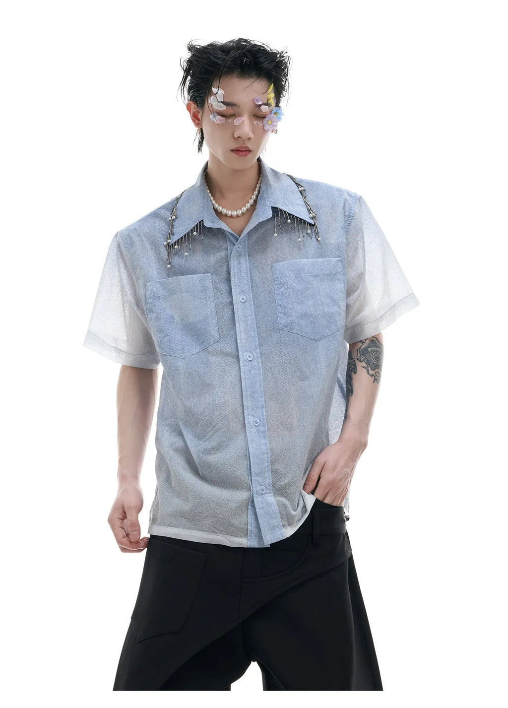 Men's blue and white gradient loose shirt with quilted texture details