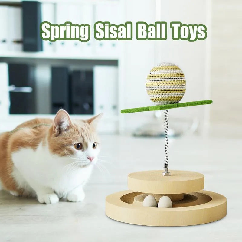 Green sisal cat scratching pad with ball track and two-layer turntable interactive toy