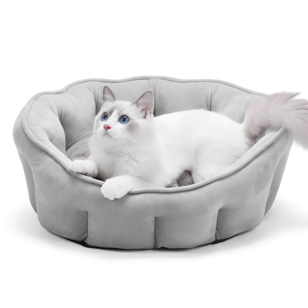 Grey cat kennel house with hammock attachment and plush interior, measuring 46cm square