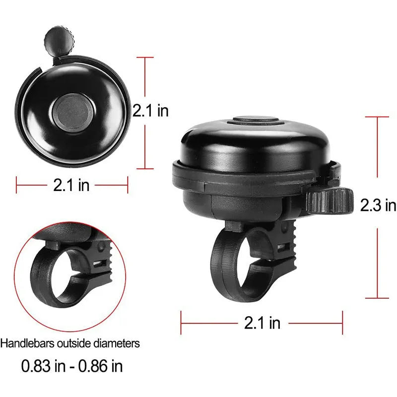 Black ABS plastic bicycle bell with 58mm diameter on a mountain bike handlebar fixture