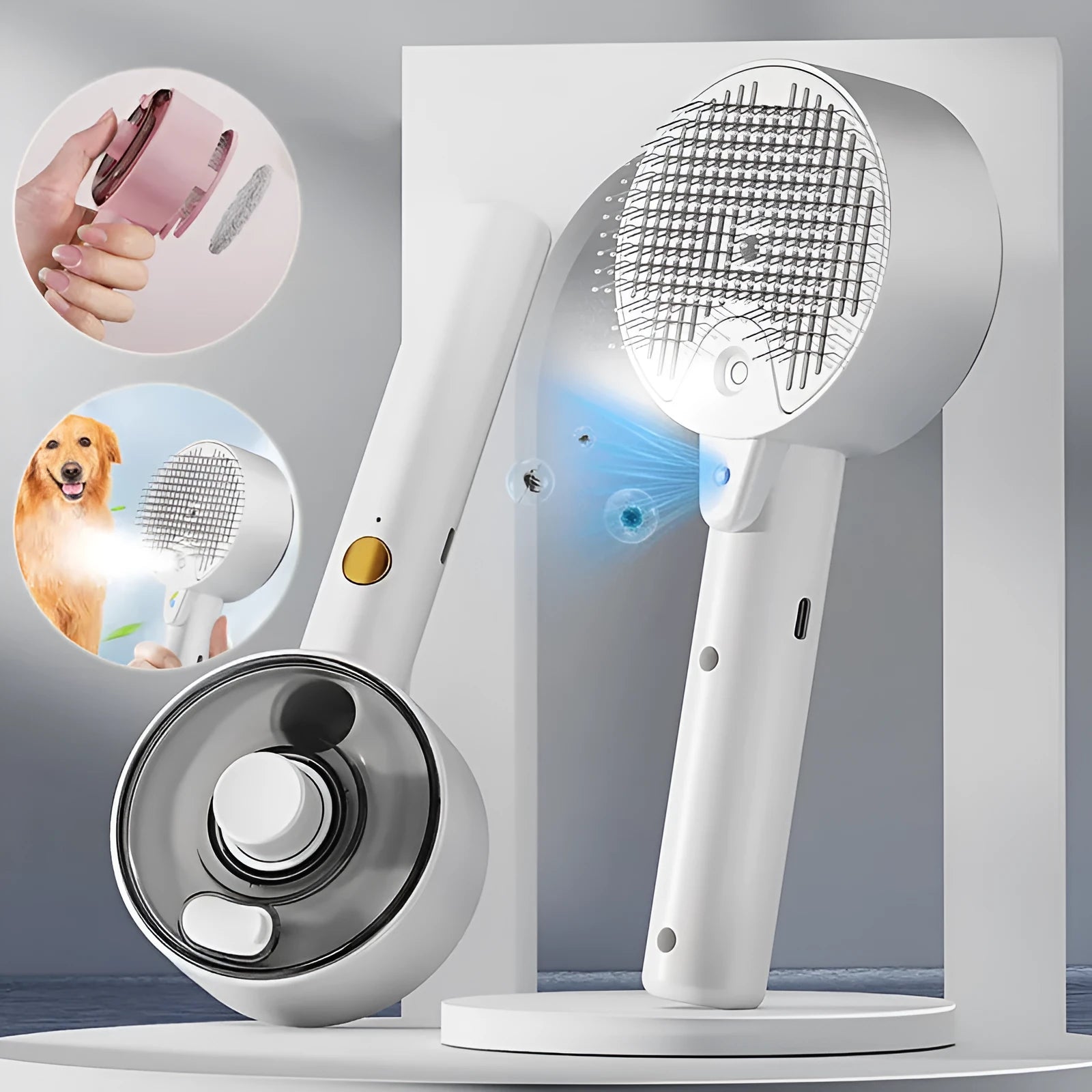 Ceramic white pet grooming brush with steam mist function and UV light for dogs and cats