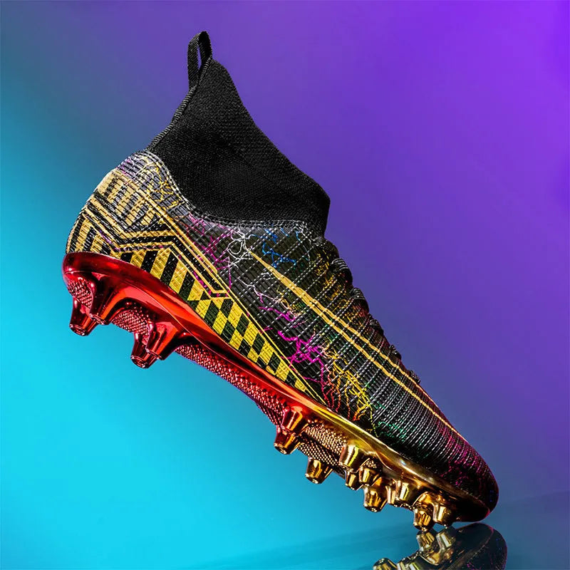 Men's high-top synthetic leather soccer shoes with a gold-plated sole, shown in mandarin duck colour with lace-up front.