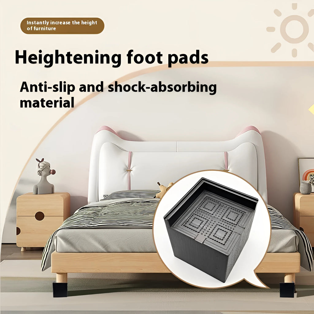 Four black plastic bed risers for increasing furniture height