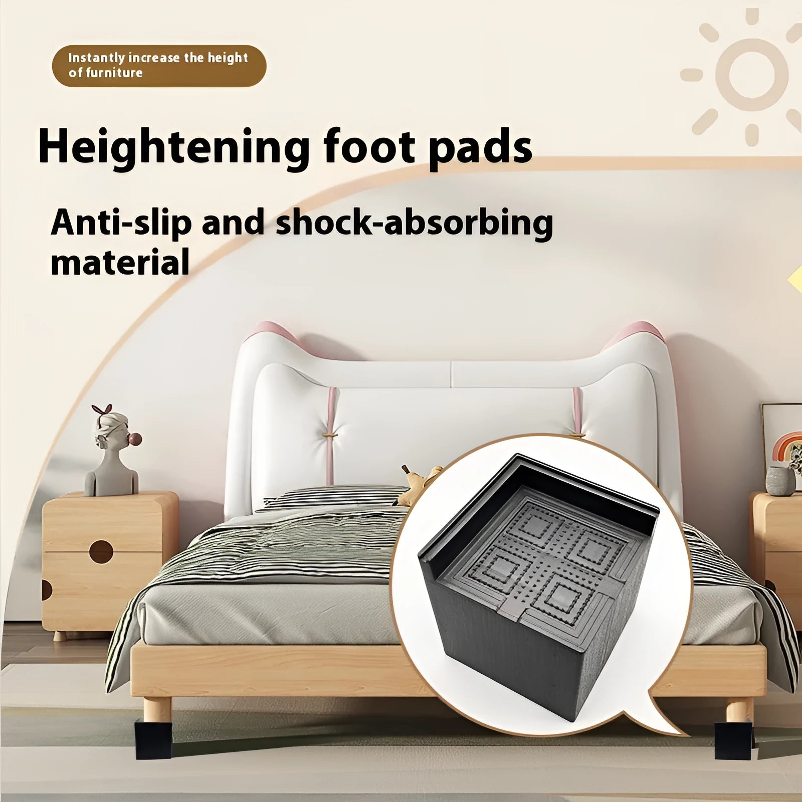 Four black plastic bed risers for increasing furniture height