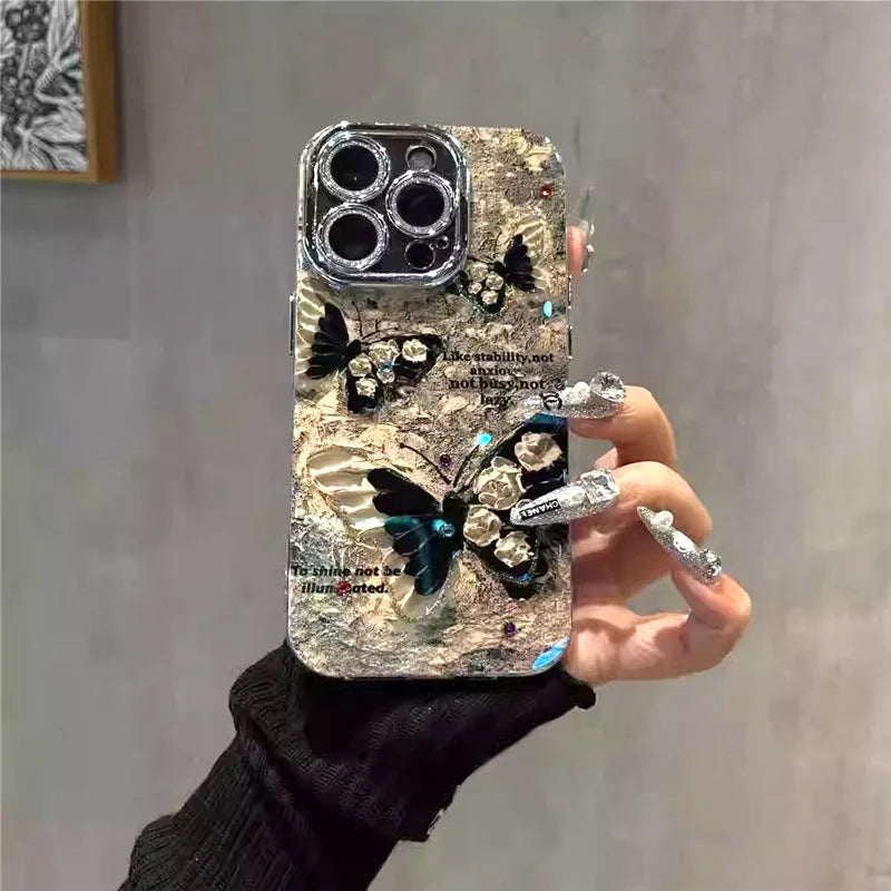 Retro brown butterfly acrylic phone case with flash lens bracket for iPhone