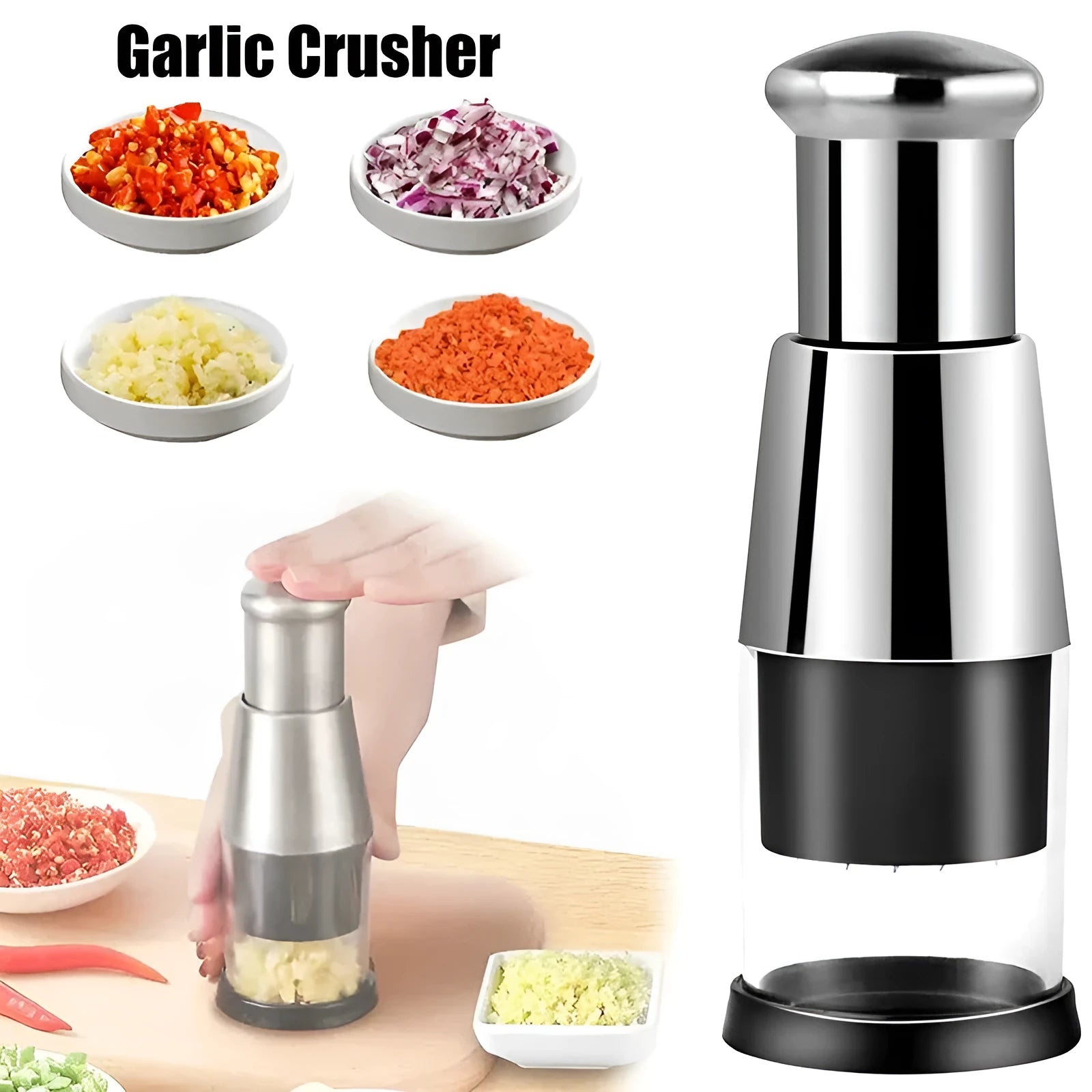 Manual garlic press and onion chopper kitchen gadget with stainless steel blades, shown in modern simplicity style.
