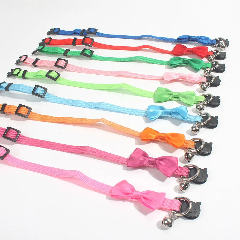 Adjustable nylon pet collar with striped cartoon pattern and bell in multiple colour options