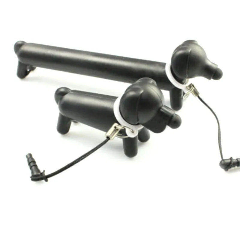 Black dog-shaped touch screen stylus with adjustable length and phone holder stand base