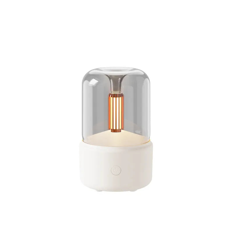 Beige candlelight aroma diffuser humidifier with USB cable, 120ml capacity, LED night light effect