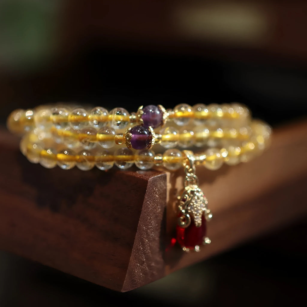 Natural Brazilian gold rutilated quartz bracelet with three circles and hanging chopsticks in Chinese style