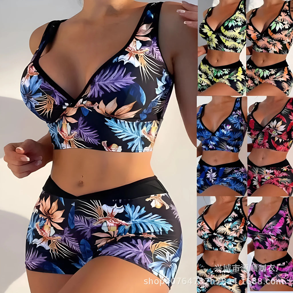 Women's two-piece printed boxer swimsuit set in polyester on a mannequin.