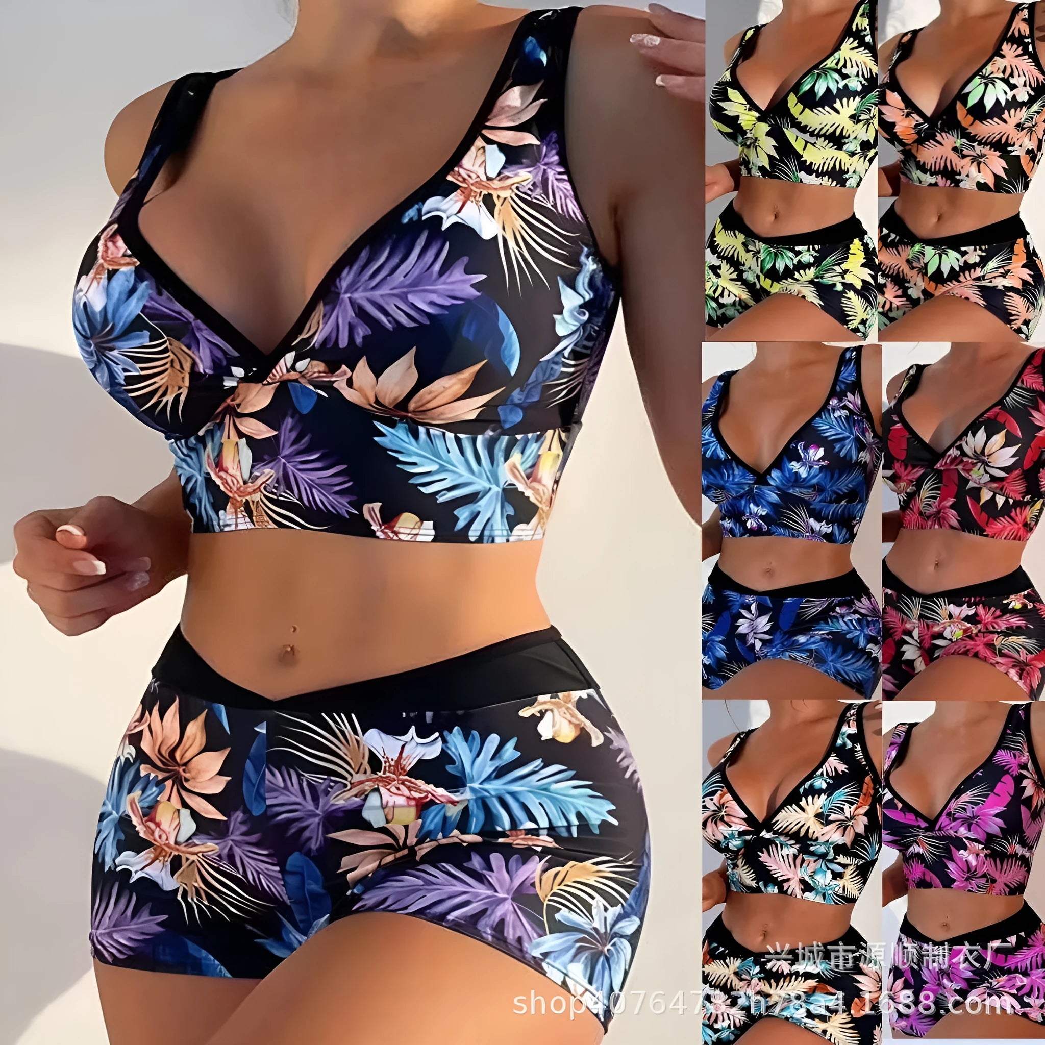 Women's two-piece printed boxer swimsuit set in polyester on a mannequin.