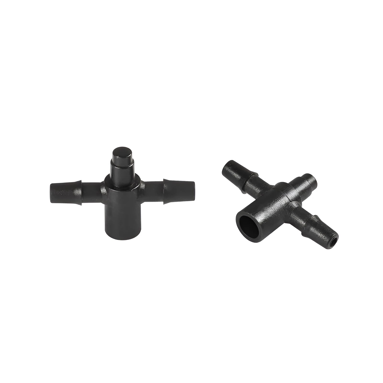 A white or black PE plastic tee water distributor joint for micro spray irrigation systems.