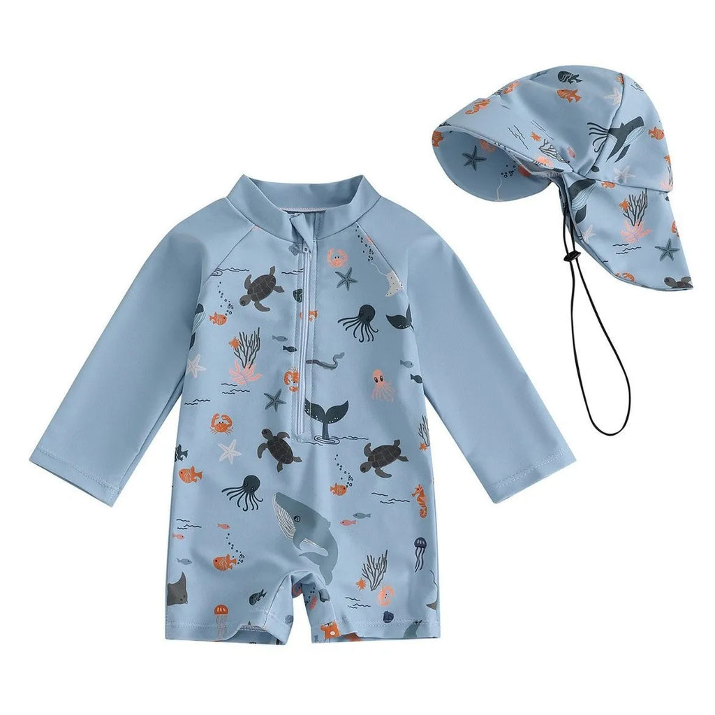Boys one-piece long sleeves swimsuit in light blue with matching hat, cartoon pattern, sizes 70 to 120 cm