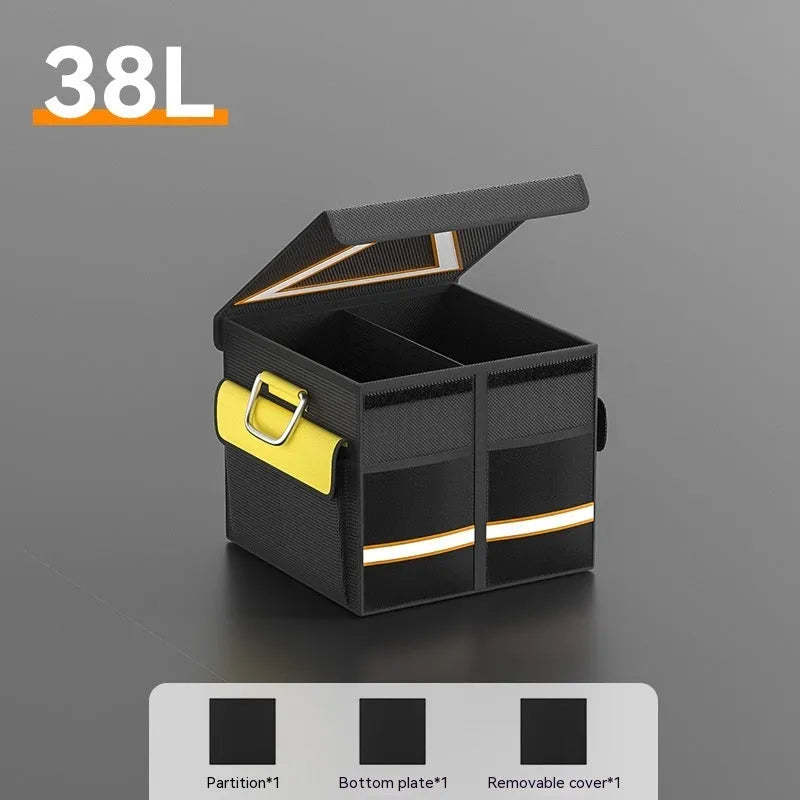 Black and yellow foldable car storage bag with handle in three capacity sizes