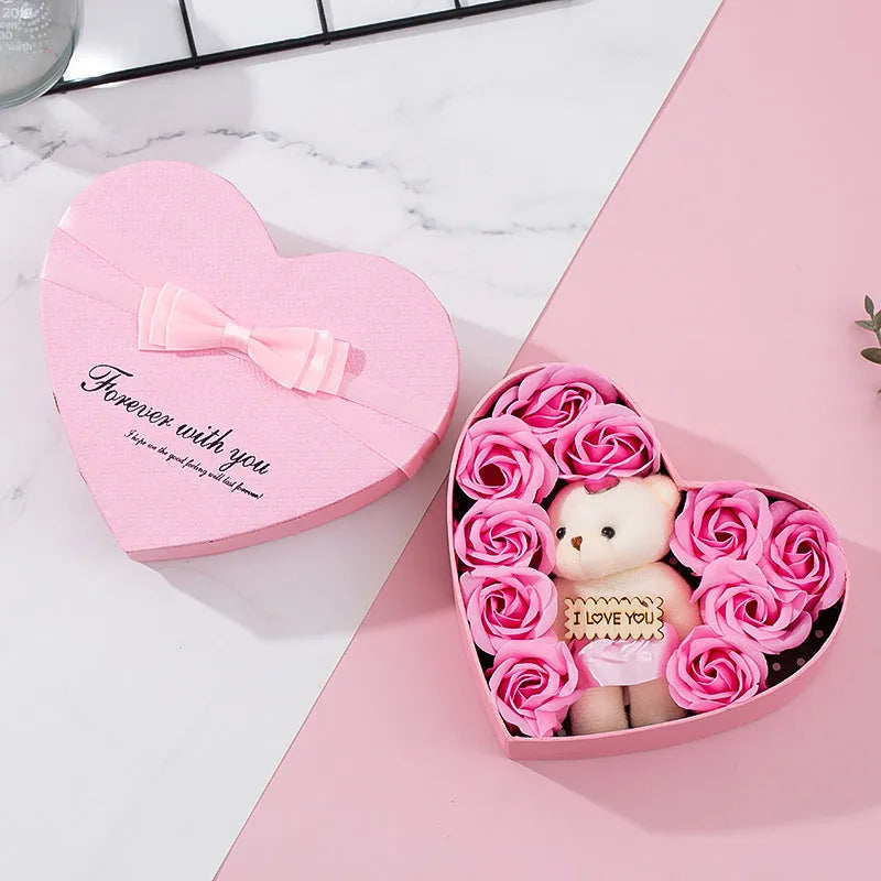 Red heart-shaped gift box containing soap roses for handwashing or bathing