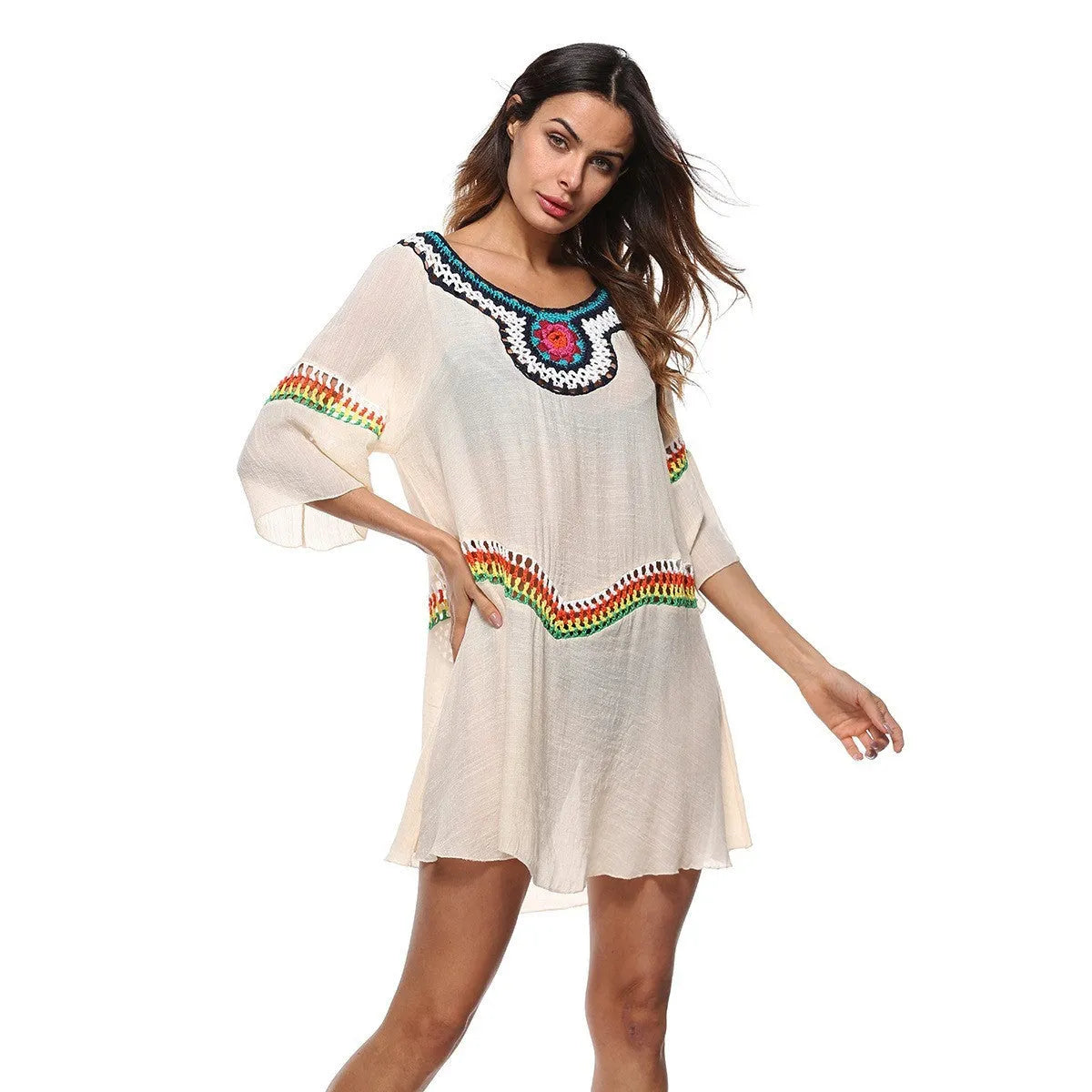 Women's crocheted ethnic style sun protection clothing cover-up on a beach