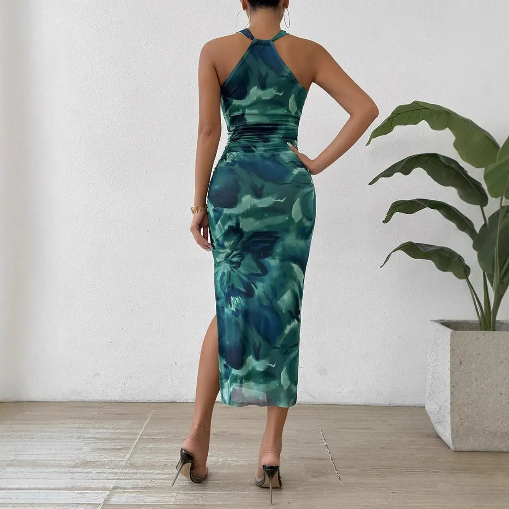 Off-the-shoulder printed A-line midi dress with split hem and backless detail in green and pink, sizes XS to XL