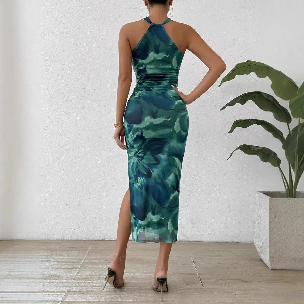 Off-the-shoulder printed A-line midi dress with split hem and backless detail in green and pink, sizes XS to XL