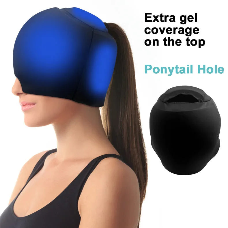 Fully enclosed cold compress cap in solid colour options of black, dark blue, or pink