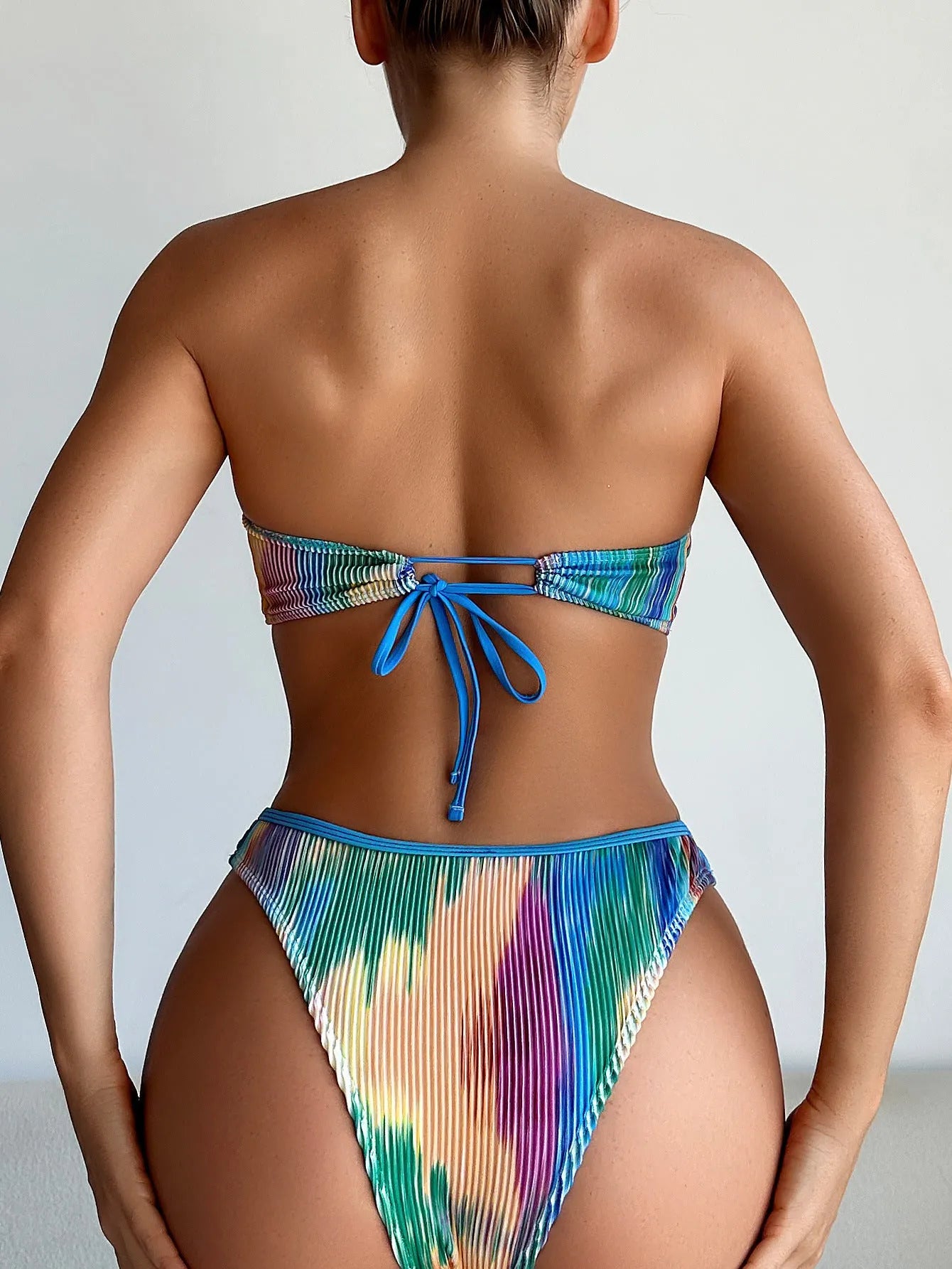 Colour printed tube top bikini set with briefs on a mannequin.