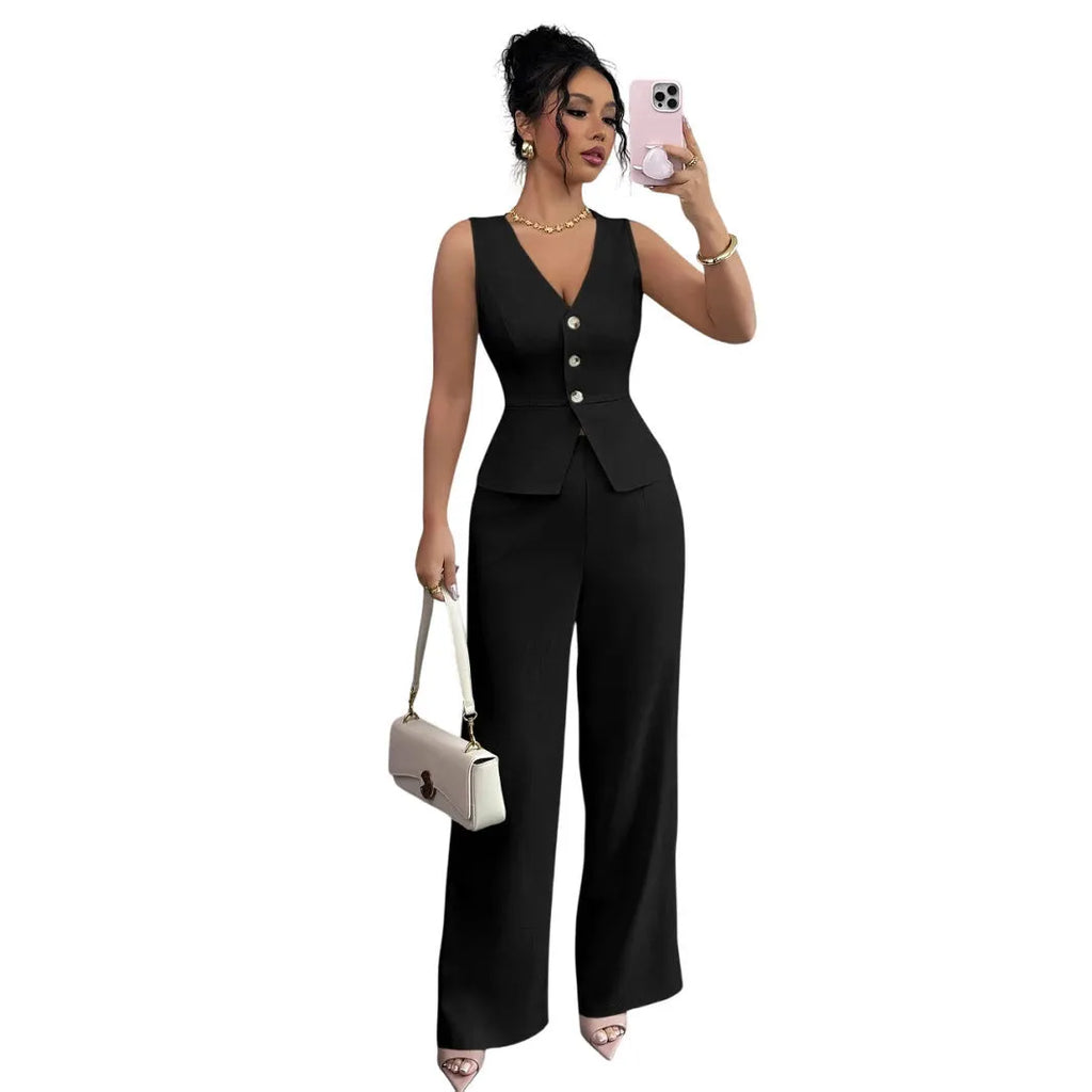 Women's solid colour sleeveless vest and high-waist trousers two-piece set in polyester fabric.