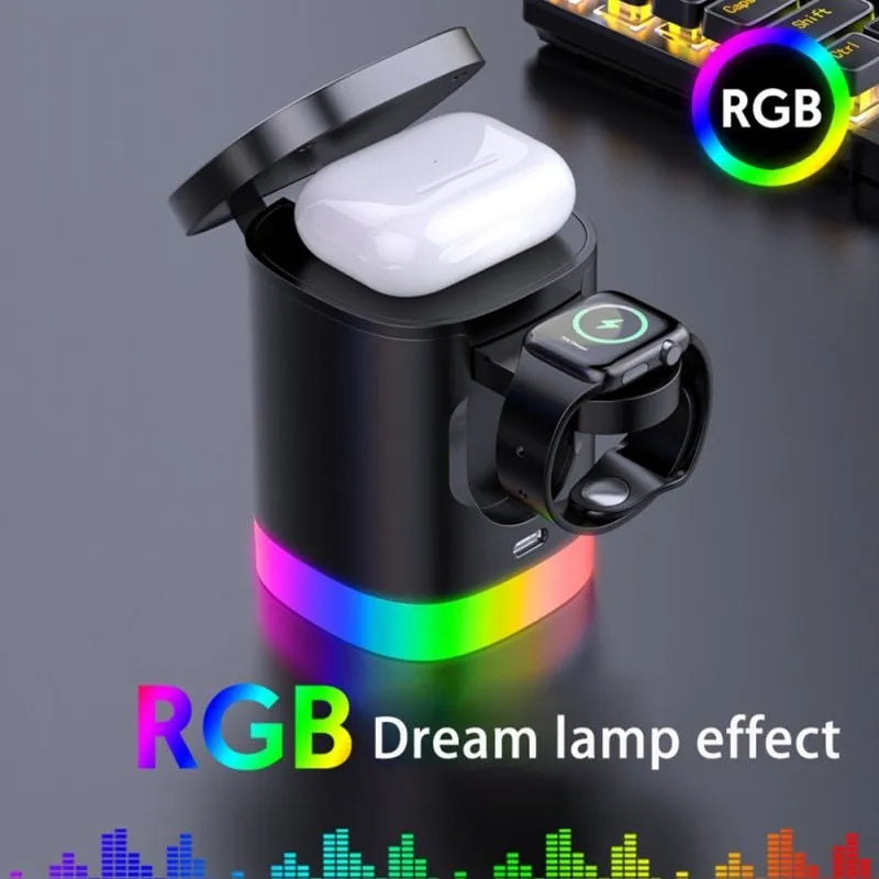 Black foldable 3-in-1 magnetic wireless charging station cube for iPhone, Apple Watch and AirPods