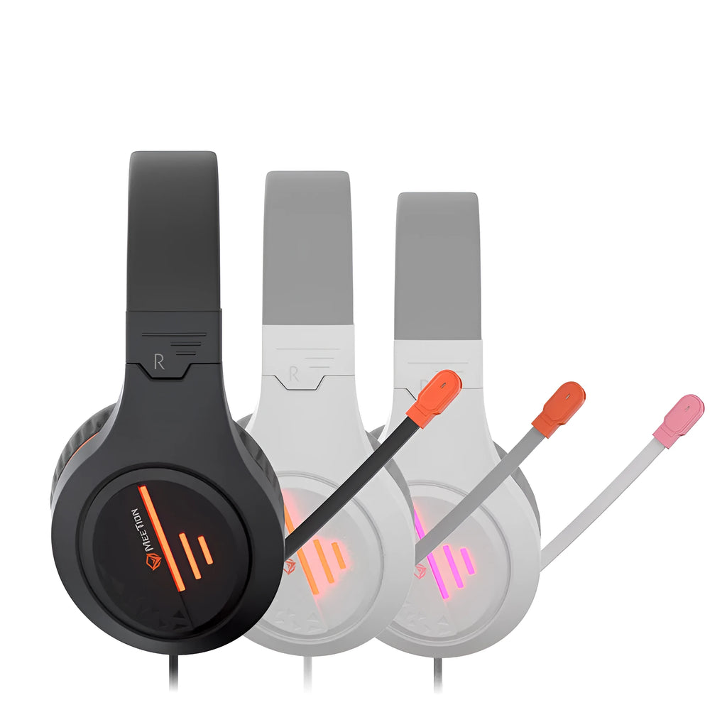 Wired gaming headset with orange and black earcups, adjustable headband, and 3.5mm cable