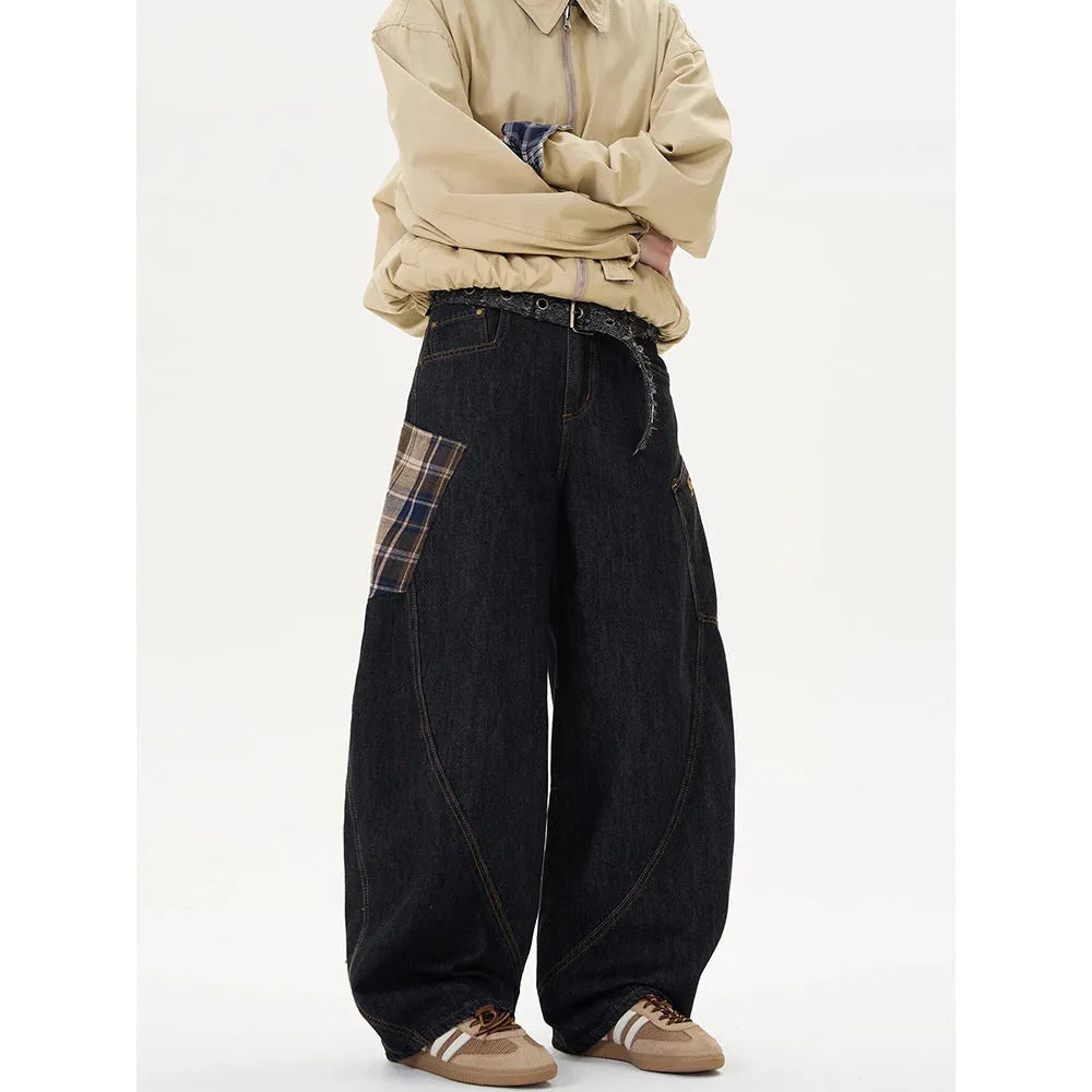 Loose straight-leg cotton trousers in coffee plaid and red plaid patterns showing mid-waist design
