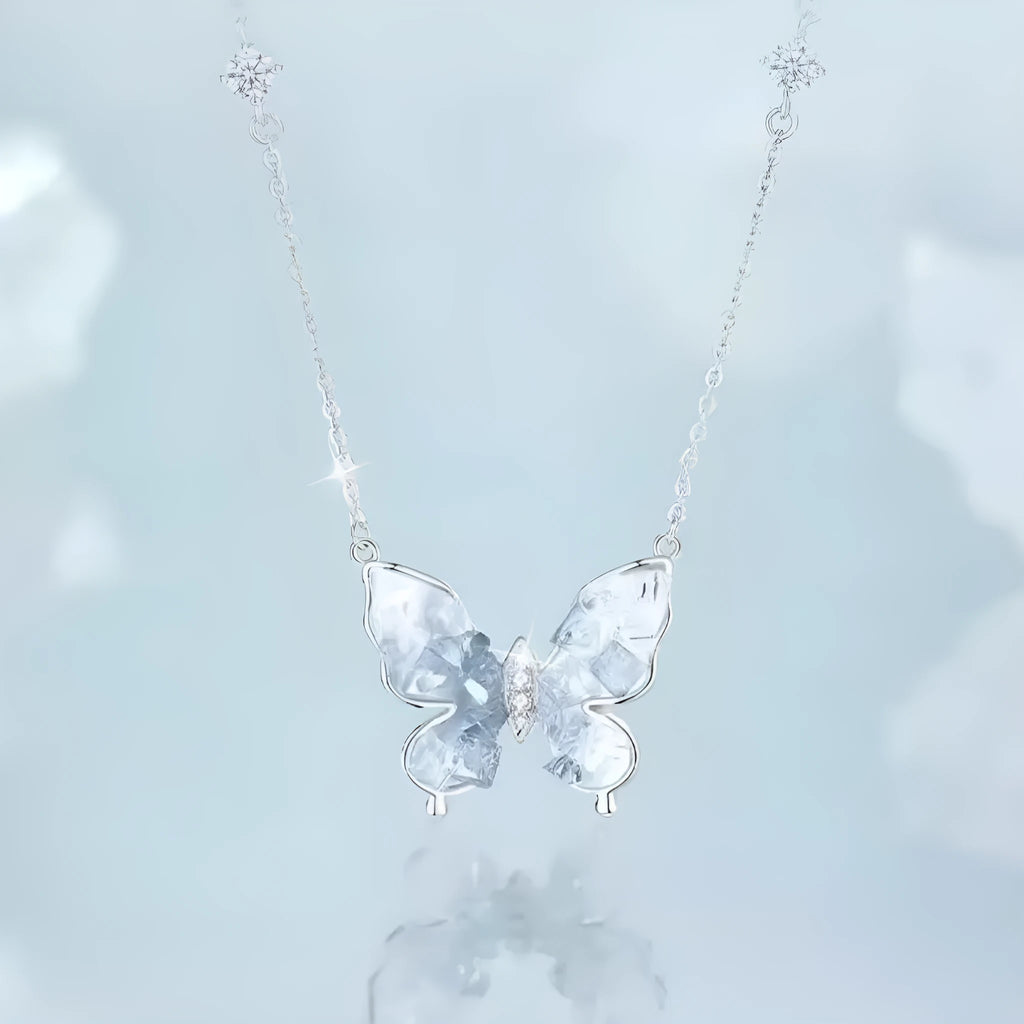 Bingyu Butterfly necklace in S925 silver with adjustable O-ring chain and detailed ice rain pendant.