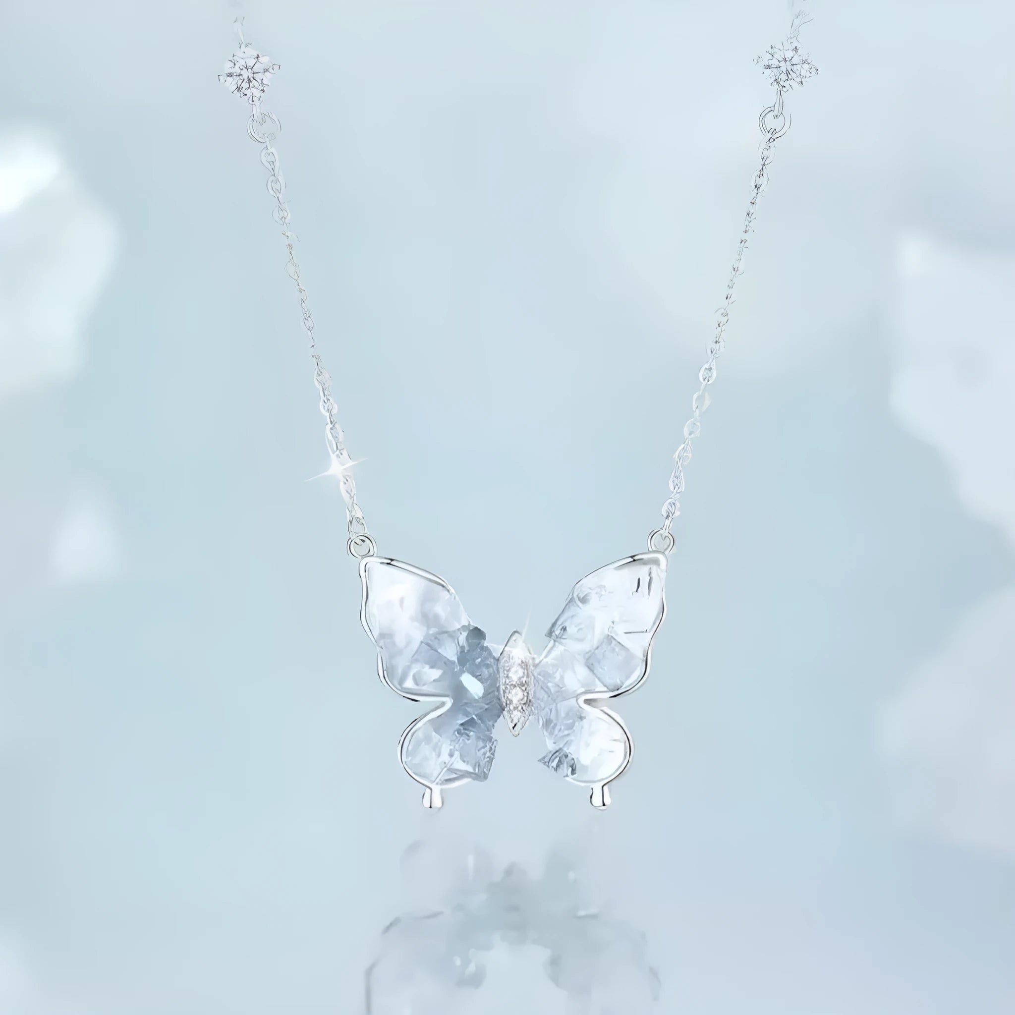 Bingyu Butterfly necklace in S925 silver with adjustable O-ring chain and detailed ice rain pendant.