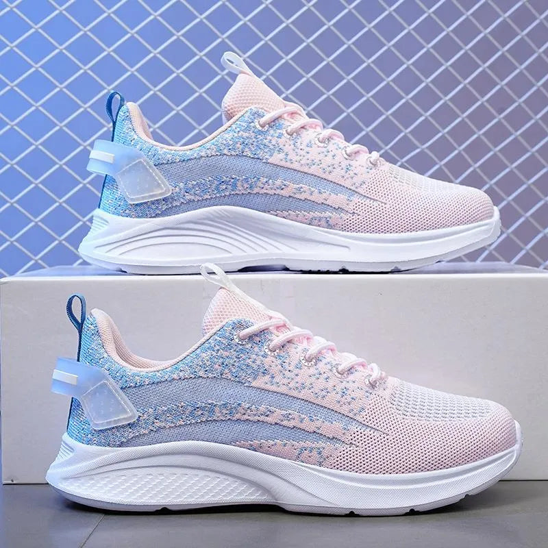 Anti-slip dance flat mesh sports shoes in Blue Pink with low heel and lace-up fastening