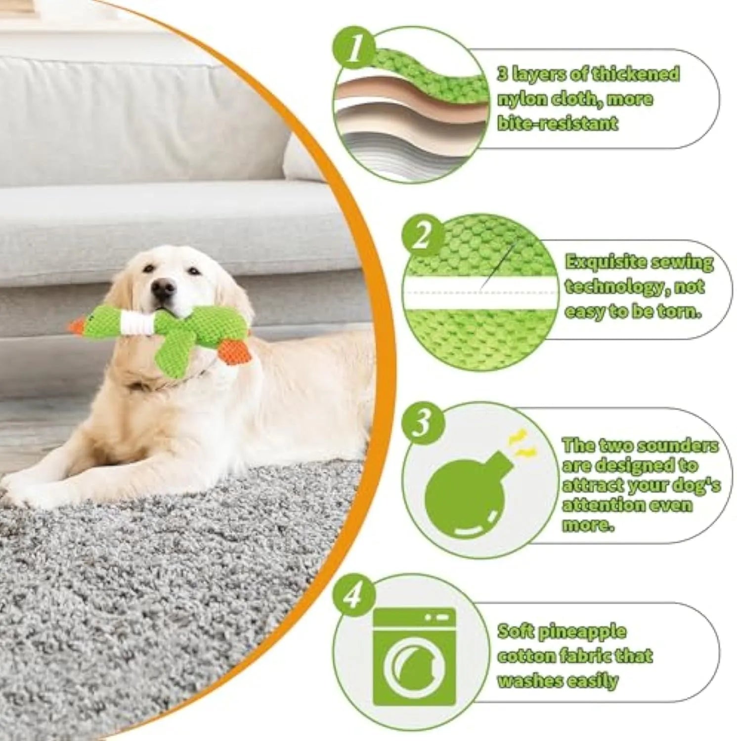 Blue duck plush dog toy with squeakers for large breed dogs on white background