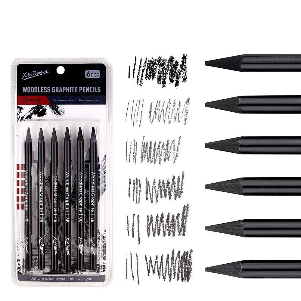 Set of six wood-free graphite sketching pencils with grades HB, 2B, 4B, 6B, 8B, and EE.
