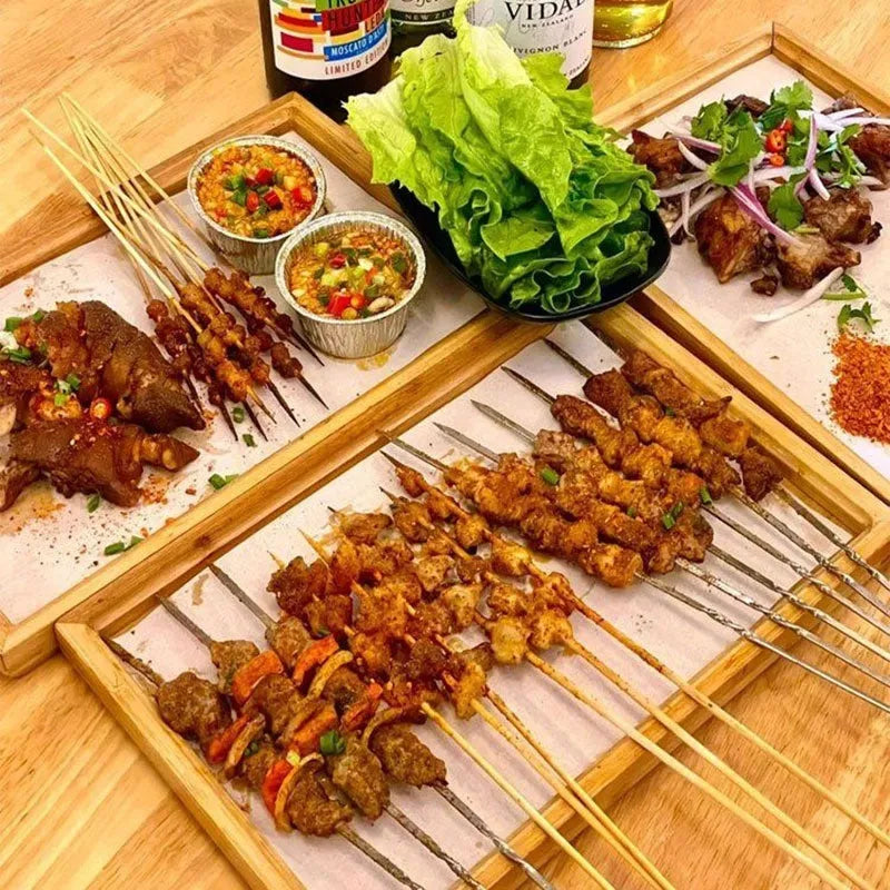 Square bamboo serving tray with brown handle for restaurant or hotel use