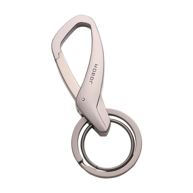 Zinc alloy double ring key holder with waist clip in black, chrome, and nickel finishes.