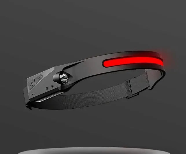 Black silicone USB rechargeable headlamp with side wave sensor and dual LED lights for wide and long-distance illumination.