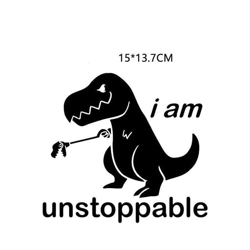 Cute cartoon dinosaur carving style car sticker in black on a white vehicle body with strong adhesion PET material 15x13.7cm