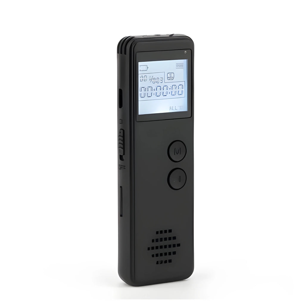 Black MP3 digital voice recorder showing display screen, recording button, and USB port.