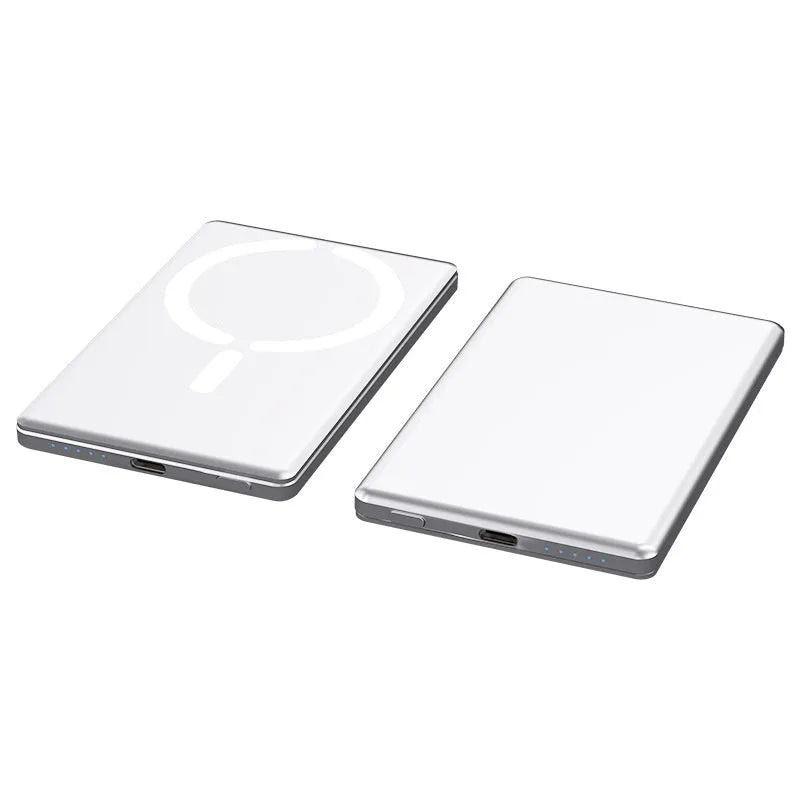Ultra-thin dark grey magnetic power bank attached to iPhone showing 9mm thickness