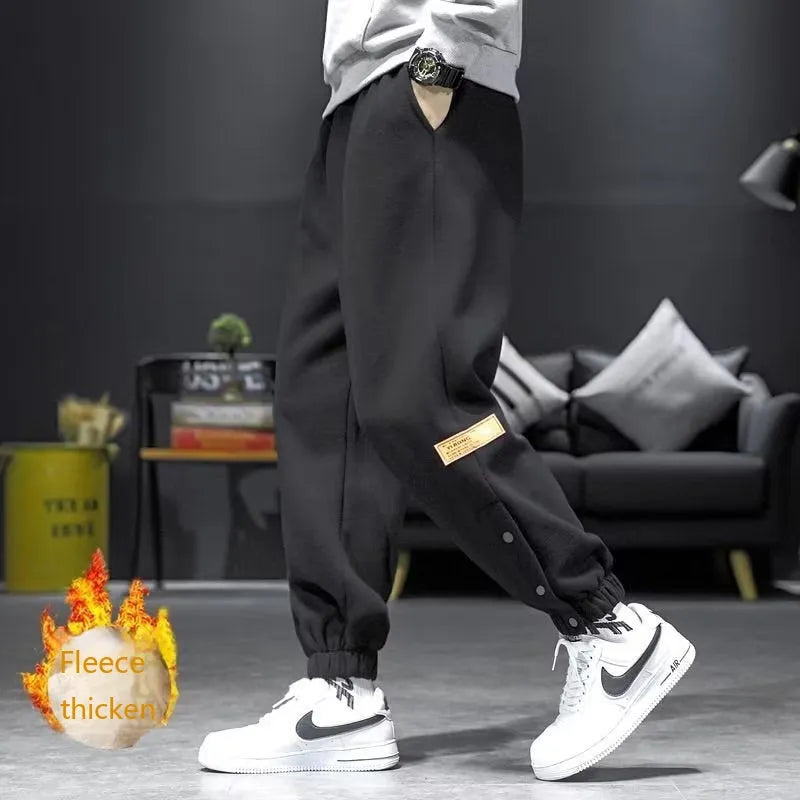 Cotton blend velvet padded skinny ankle strap casual trousers in black, autumn winter sportswear