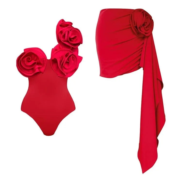 Solid red women's sleeveless one-piece swimsuit on a hanger