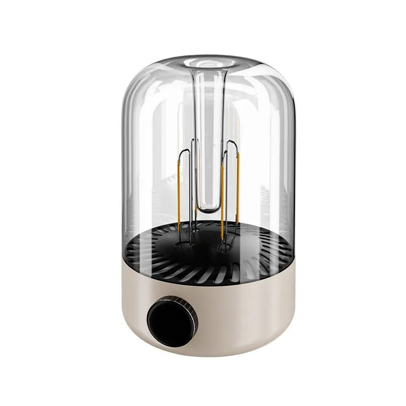 Beige and black camping lantern with LED and tungsten lights, charging function, and USB output port