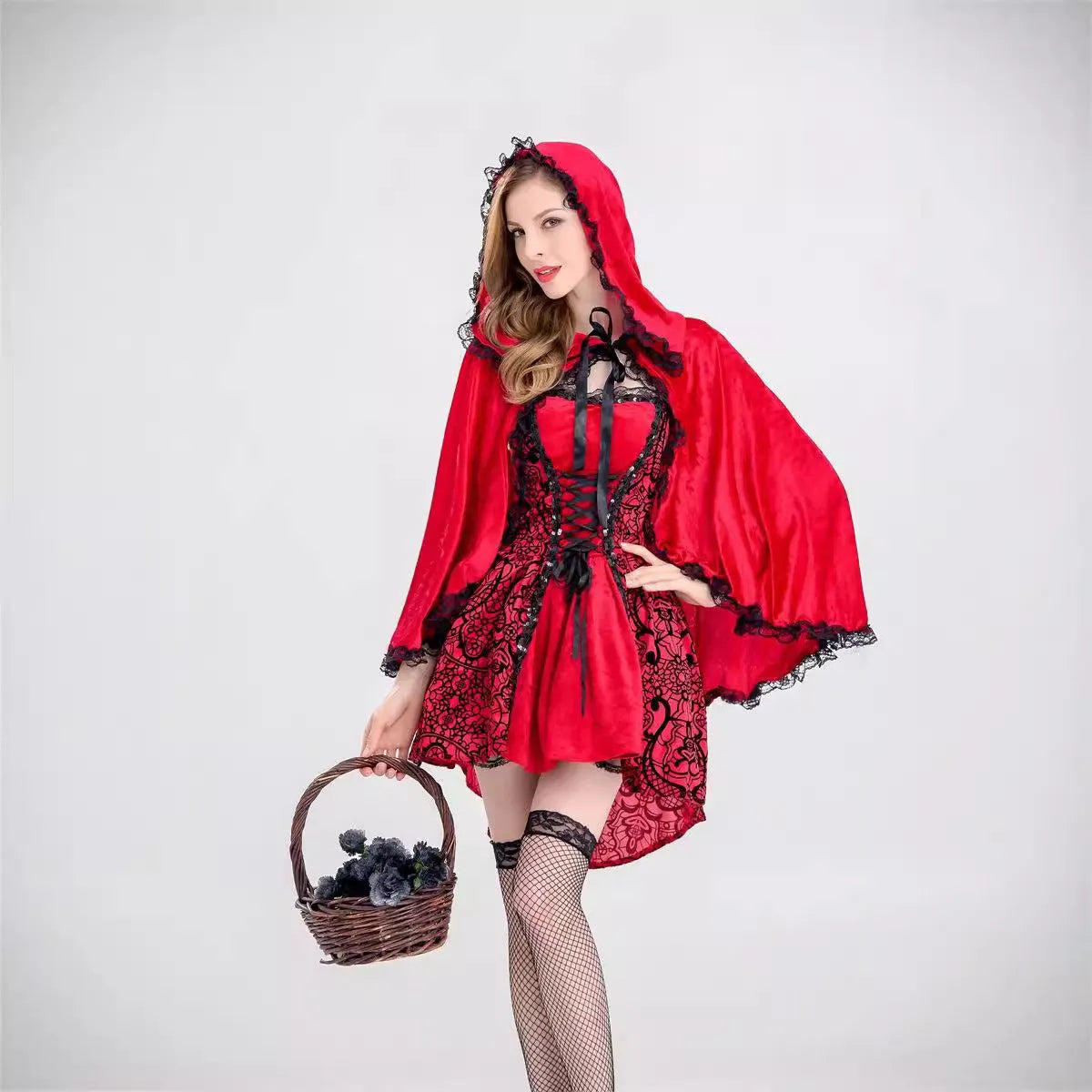 Women's Little Red Riding Hood ball costume set with dress, shawl, and gloves in polyester, available in sizes S to 4XL