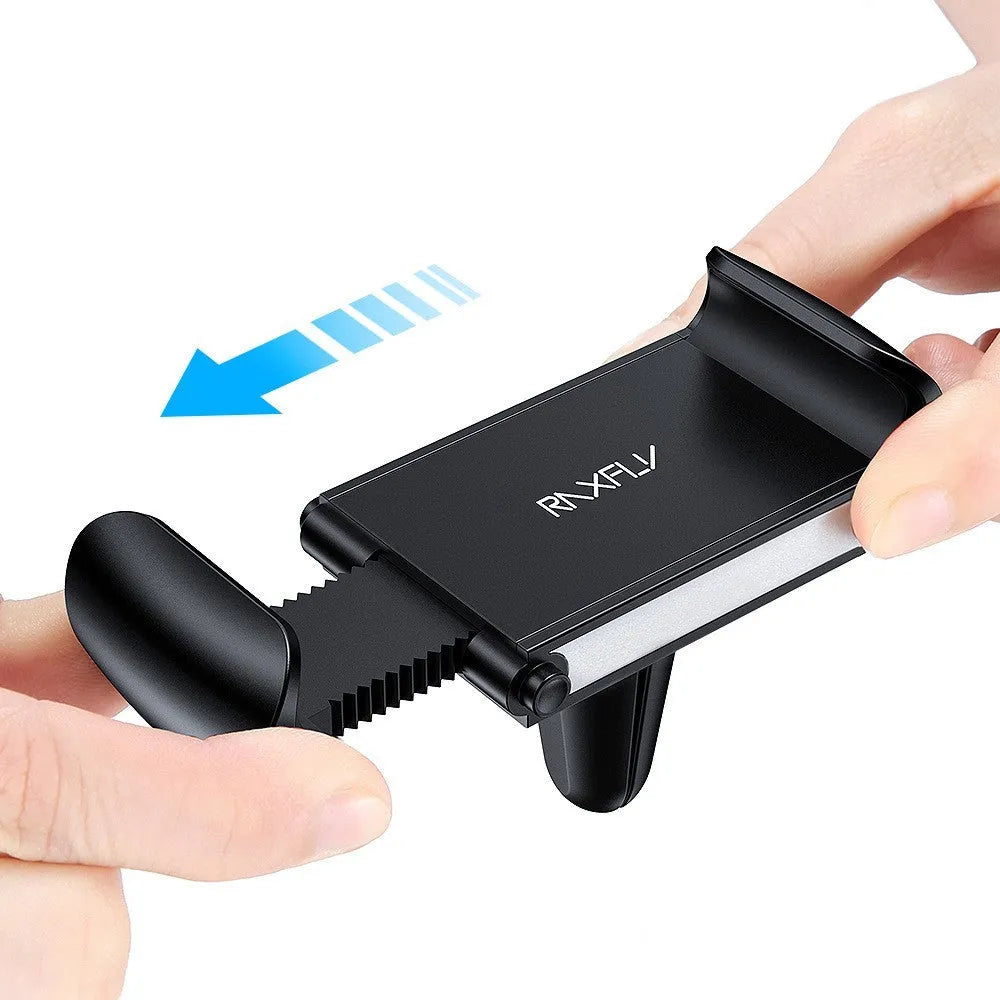 Black universal adjustable car air vent bracket phone holder made from ABS plastic clipped onto a car vent