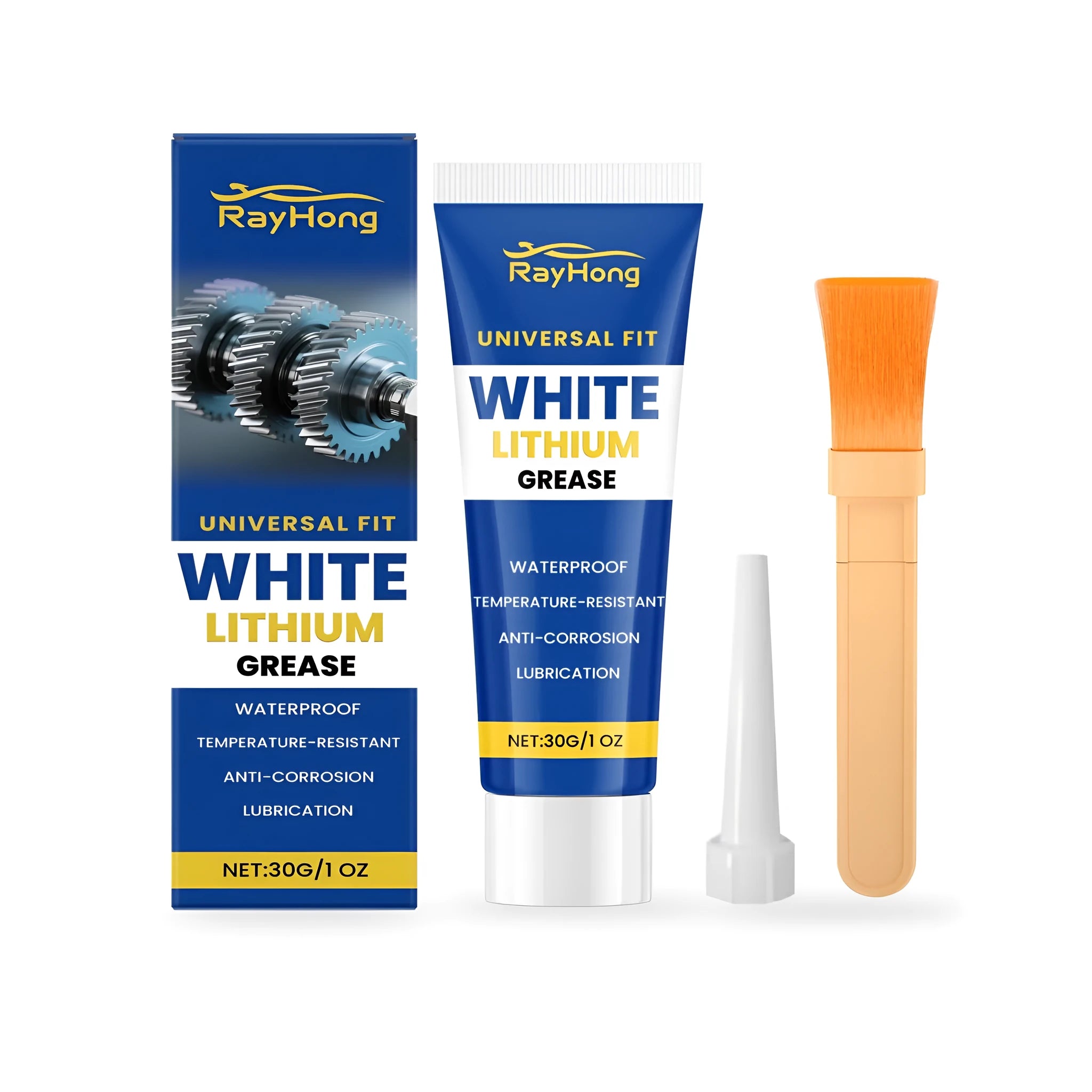 White lithium automotive grease tube with brush and applicator tip for precise lubrication