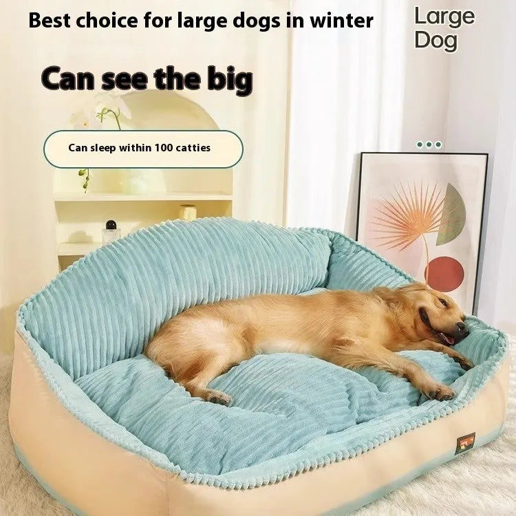 Morandi colour removable washable dog bed mat on a sofa, shown in M and L sizes.
