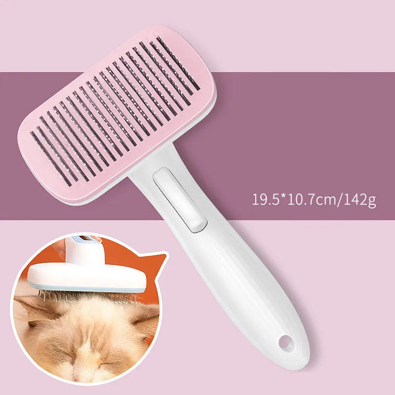 Automatic pet grooming comb with four interchangeable heads in blue, grey, green, or pink colours.